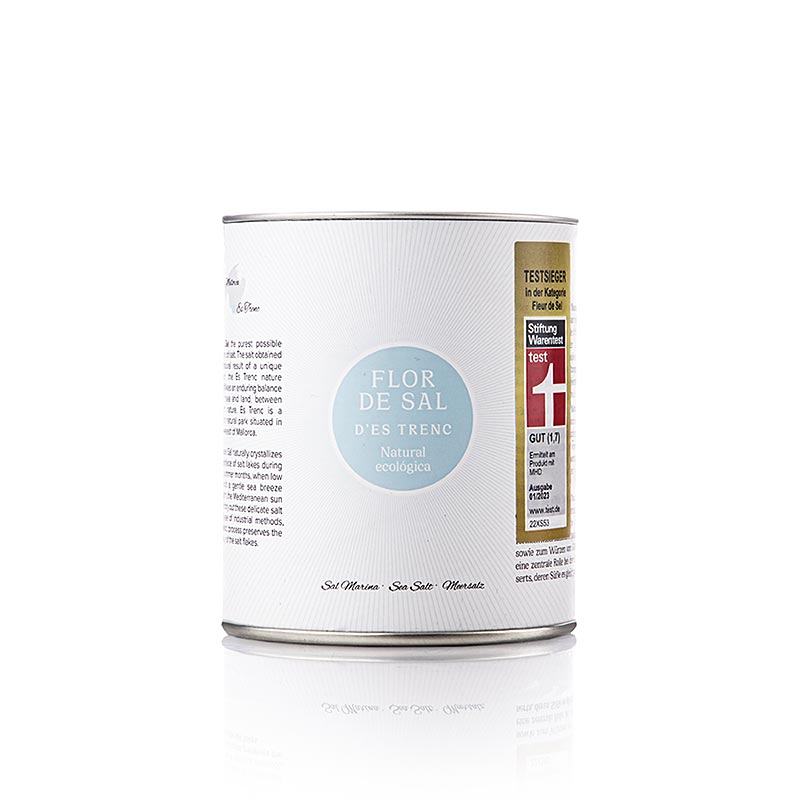 A 180g package of Flor de Sal van Mallorca, a natural and organic sea salt product from d'es Trenc, with beautiful Mediterranean packaging