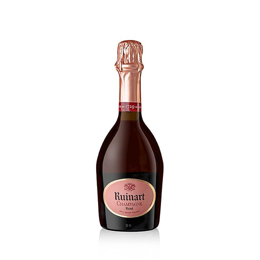 Champagne Ruinart rosé, brut, 375 ml, afbeelding van de fles met mooi roze etiket en gouden accenten