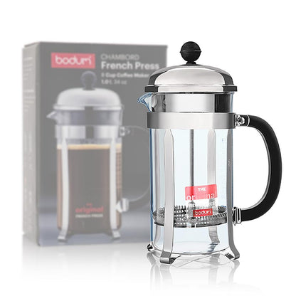 High-quality Bodum Chambord coffee maker made of chrome stainless steel