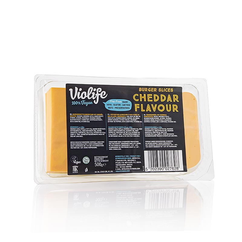 Plakjes veganistisch kaas alternatief van Violife in de smaak Cheddar, 500 g